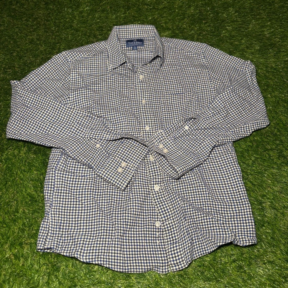 Wool & Prince Mens Blue Gingham 100% Worsted Wool Button Down Shirt Large L
